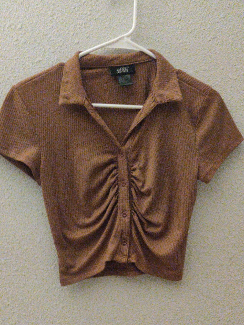 Ruched Button-Front Collared Crop Top in Brown